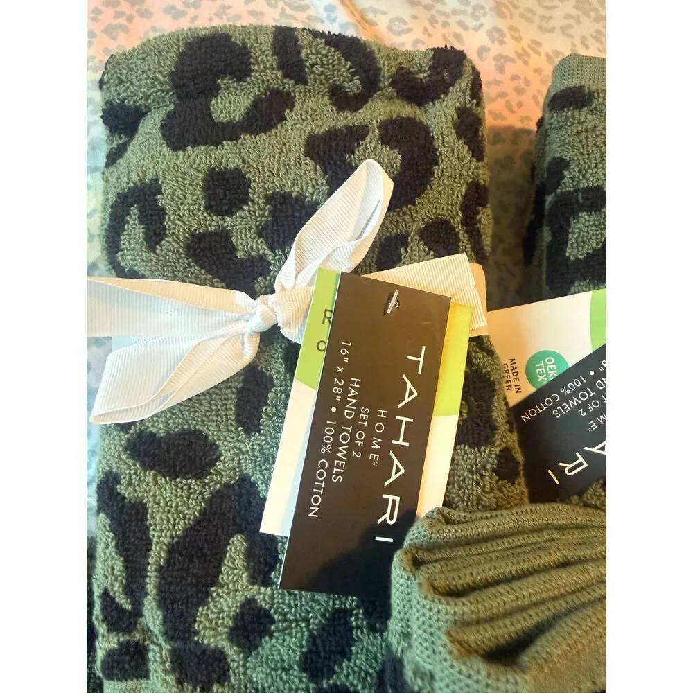Tahari Home 10-Piece Leopard Print Towel Set reversable Green 100% Cotton New